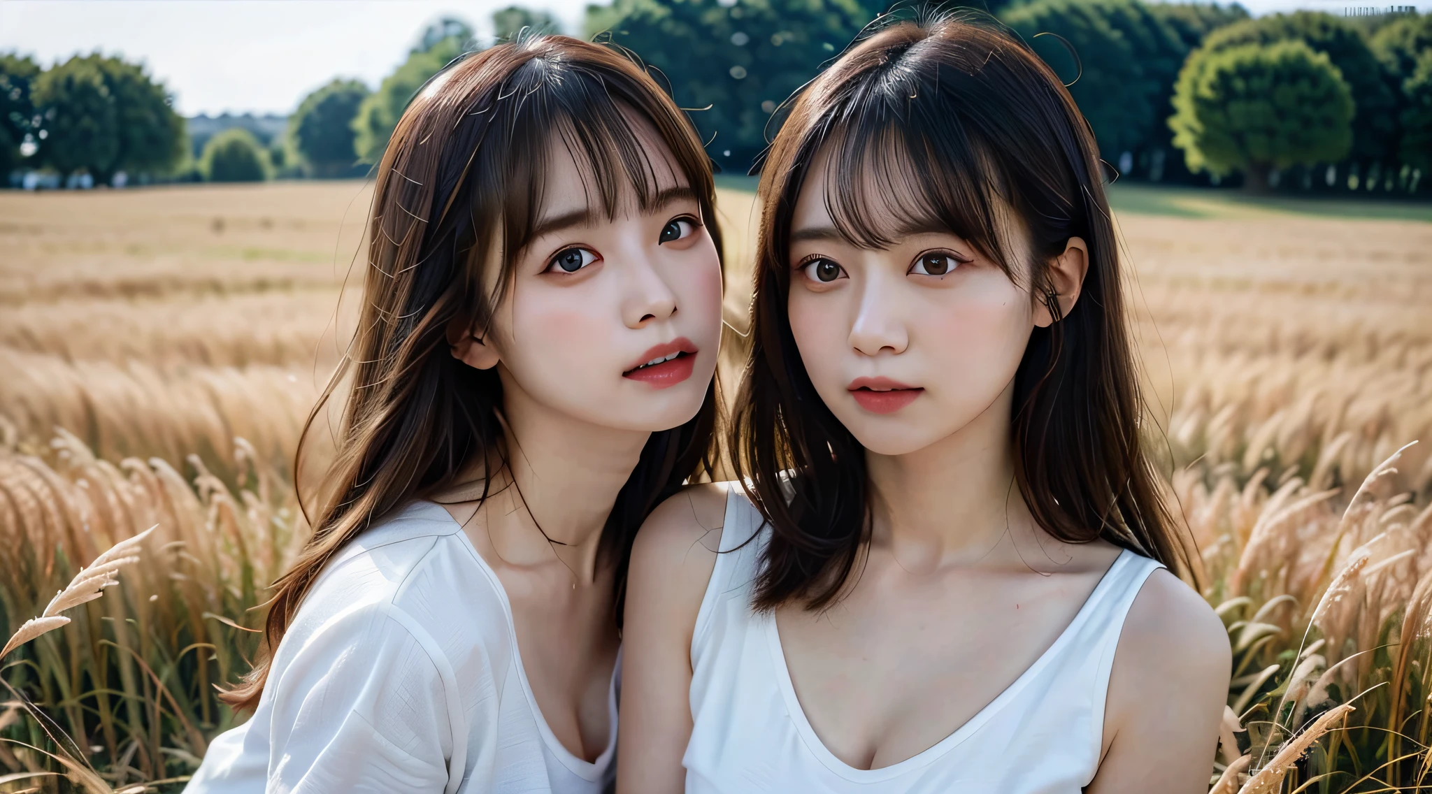 Close-up cleavage, tmasterpiece, quality, RAW photos, 真实感、Extremely ridiculous, beautiful one girl, Open-chested shirt、Long gray hair、Bigchest、The joy expressed when reunited with loved ones、Hair Fluttering in the Wind、grassy fields、depth of fields, A high resolution, ultra - detailed, Detailed pubic hair, very detailed nipples, Extremely detailed eyes and face, Sharp pupils, lock focus, 电影灯光