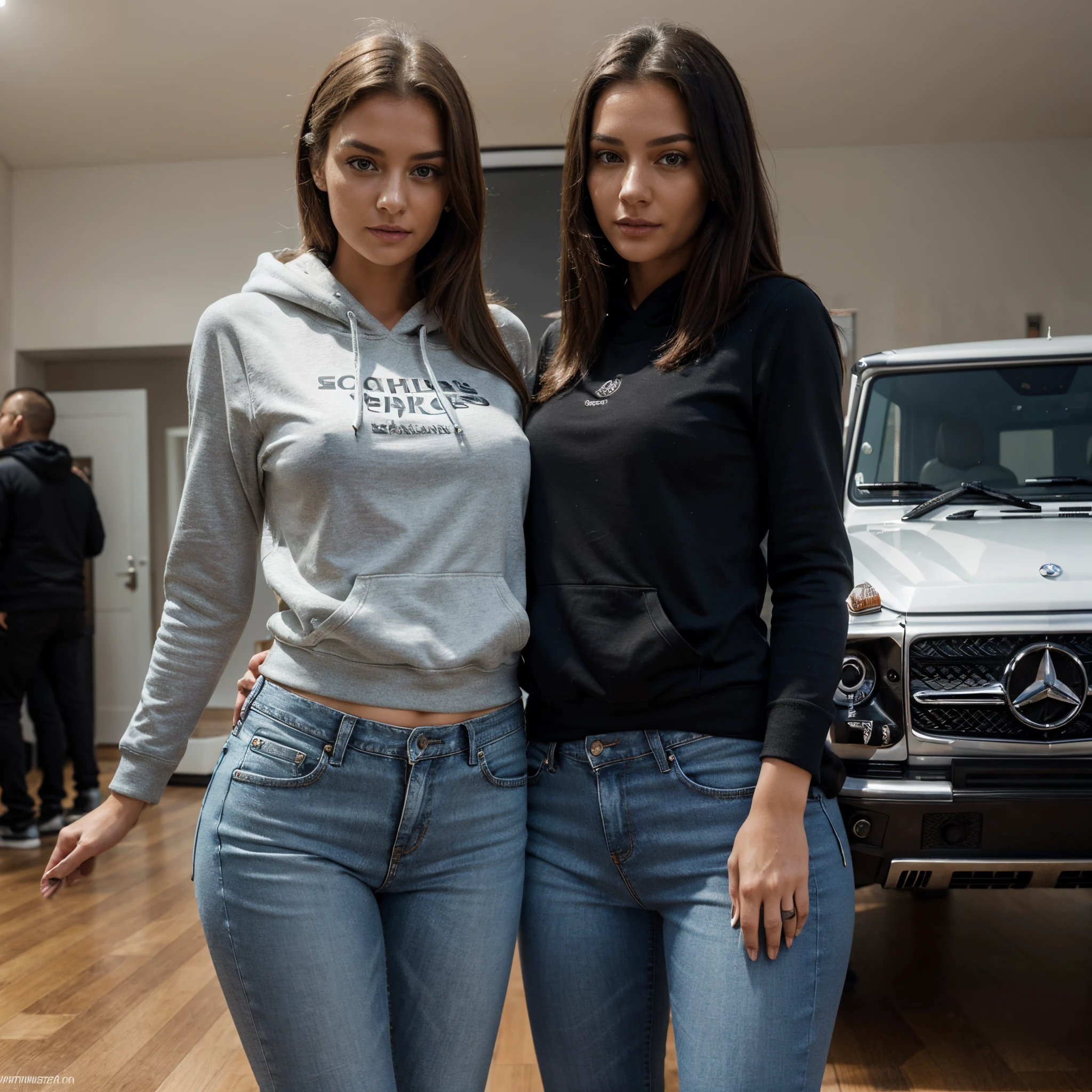 Spiegelreflexkammera, Super high definition body, detaillierter Hintergrund, Realistisch, sexy, sinnlich, super pretty, small boobs, Braunes Haar, full entire body, She is wearing very tight jeans and a hoodie, She looks lovingly over the photographer's shoulder, She stands happily next to her new Mercedes-Benz G-Class .