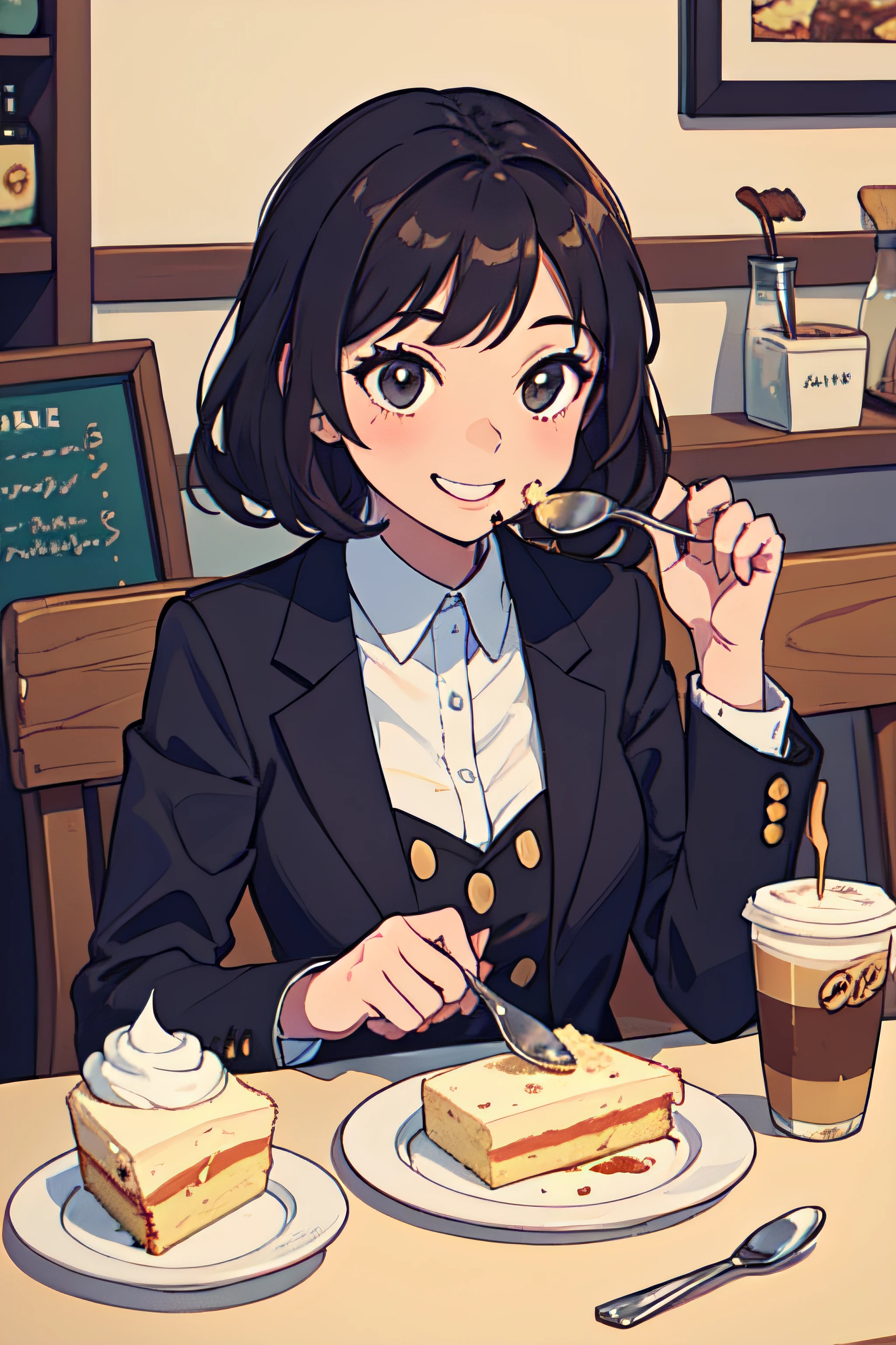 A lively-looking girl with shoot hair is grinning enthusiastically as she eats a whole cheesecake at a coffee shop. Eat with a fork or spoon, do not eat directly with your hands,