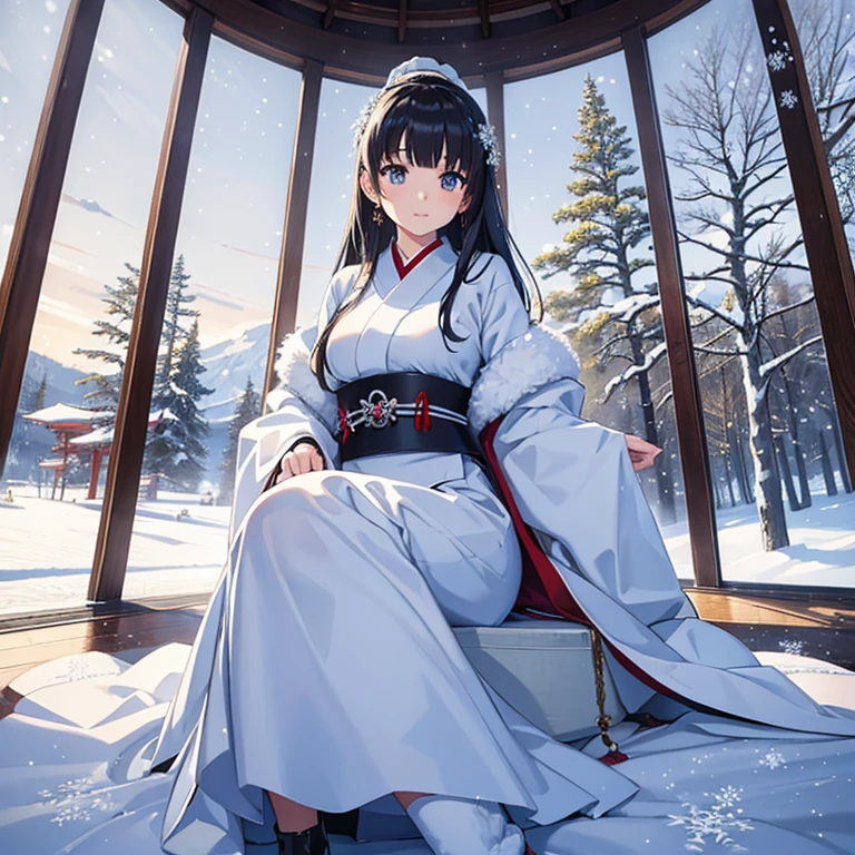 A beautiful Japanese woman with beautiful eyes, sitting in a snowy landscape, inside a large dome made of snow like a giant snowman. The dome has an intricate design that resembles a giant snowman, complete with facial parts and buttons. The woman, whose insides are visible through a large opening in her abdomen, is wearing elegant winter clothes. The background features a picturesque winter scene with snow-covered trees and gently falling snowflakes. Sparkling