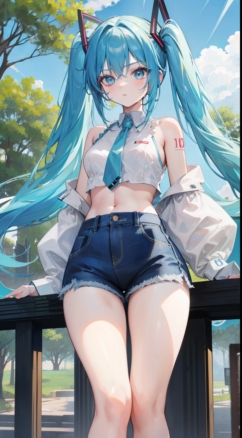 (masterpiece), (best quality), (4k resolution), (anatomy; perfect), character Hatsune Miku, 1 adult girl, light skin, blue eyes, (big blue hair), (locks, bangs), tied hair two sides, (light effects on hair), eyebrow, nose, ear, mouth, lips, short blouse, short denim shorts, tight tights, (big chest), (perfect belly), (perfect waist), thick legs, thigh thick, , standing, backdrop, in the park, beautiful day, lighting, looking at viewer