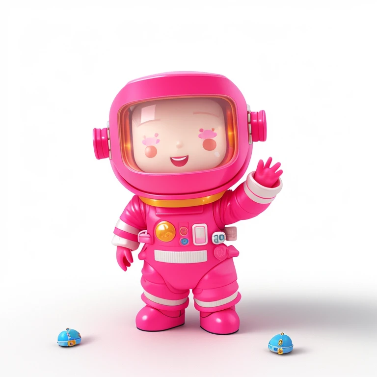 Close up of toy doll of person in space suit, pink iconic character, Cute! C4D, space molly, cute 3d rendering, Toonix Characters, wear a small spacesuit, 3D model of Japanese mascot, Kawaii HQ Rendering, wearing a Space Suit, sofubi, To kill, Cute pictoplasma, little astronaut looking up