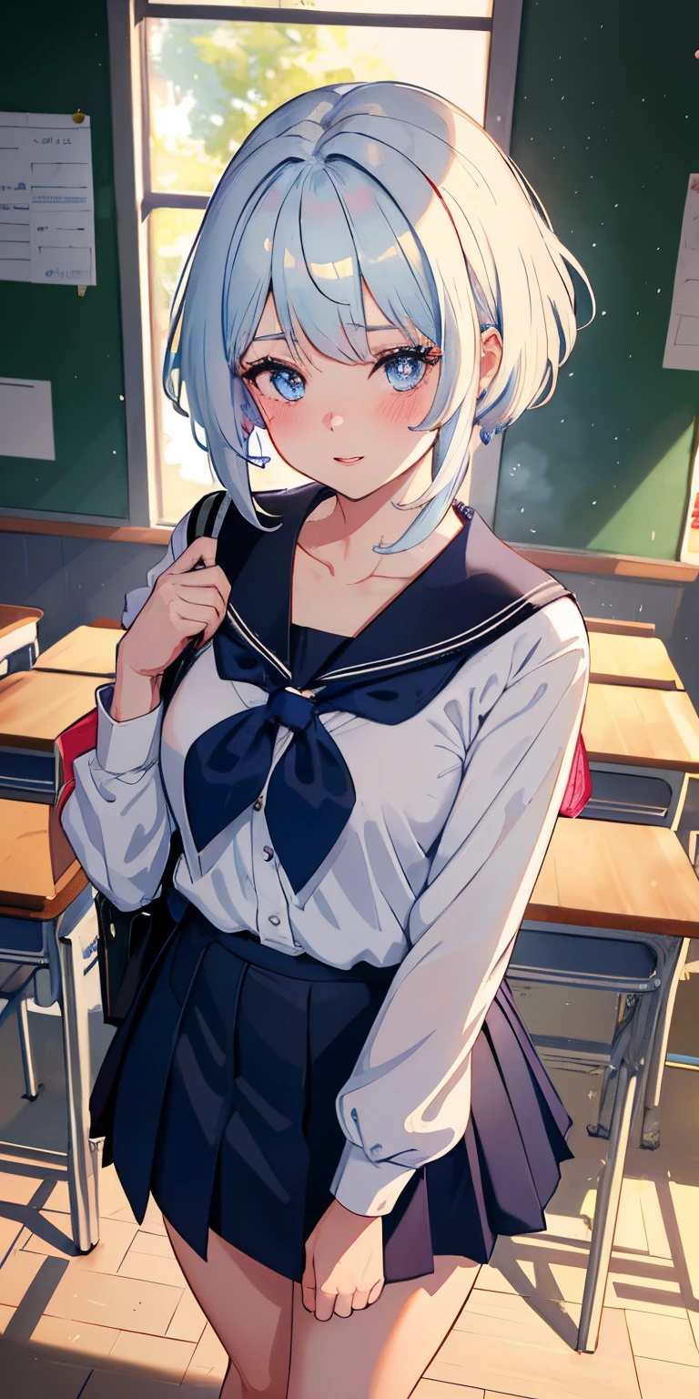 POV, from above, masterpiece, best quality, 1girl, furina, genshin impact, white hair, blue hair, cute, tear shaped pupils, parted lips, blush, makeup, light smile, school uniform, classroom, school bag, light rays, glow, thighs, collarbone, narrow waist, (masterpiece), wallpaper,