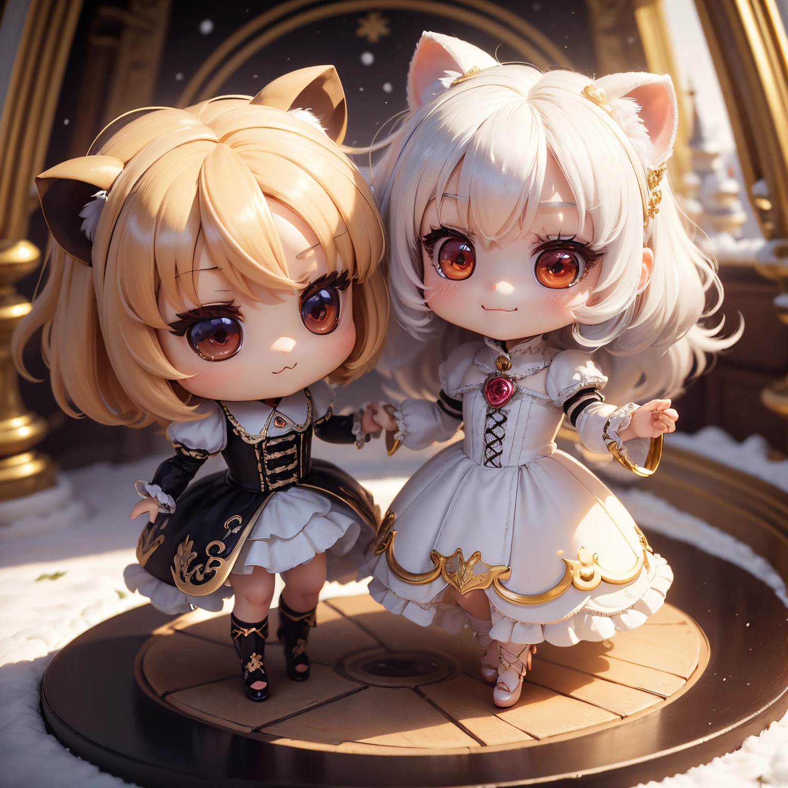 ​masterpiece、top-quality、ultra-detailliert、(Chibi Chara's Daughter:1.37),had a face like a raccoon,white hair swaying in the wind,Gorgeous rococo renaissance gold dress、Red high heels,A smile,Skip,The background is a snow castle;There is nothing on the floor,Chibichara 3D