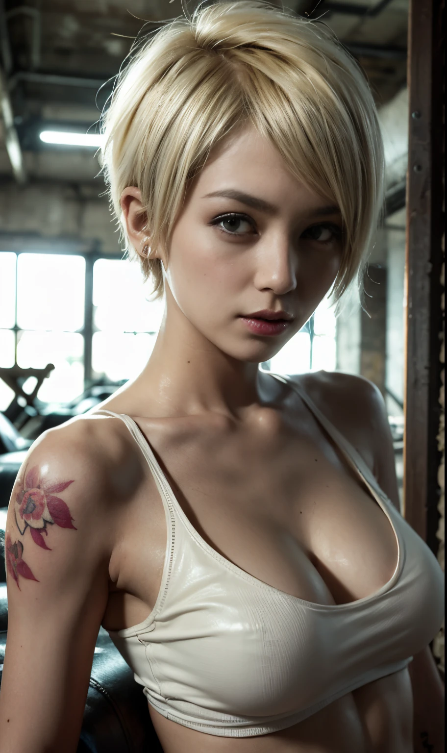 Blonde Short-Cut Hair、Dirty white tank top、Flower tattoos on both arms、Realistic skin texture、28 year old 、punk、Tattoos all over the body 、Leather sofa in an abandoned factory、Old table、Woman standing、