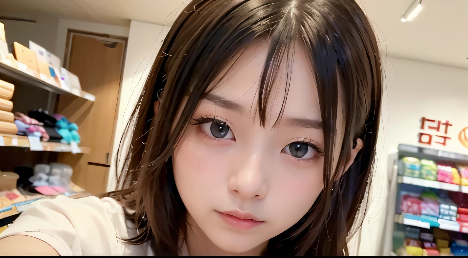 ((top-quality, 8K, masterpiece : 1.4)),Beautiful Women in Perfect Figure ,foco nítido : 1.4 ,dark brown hair, Inside the store ,Very detailed face and skin texture, Detailed eyes, 二重まぶた, (Beautiful Koreans, JINS)