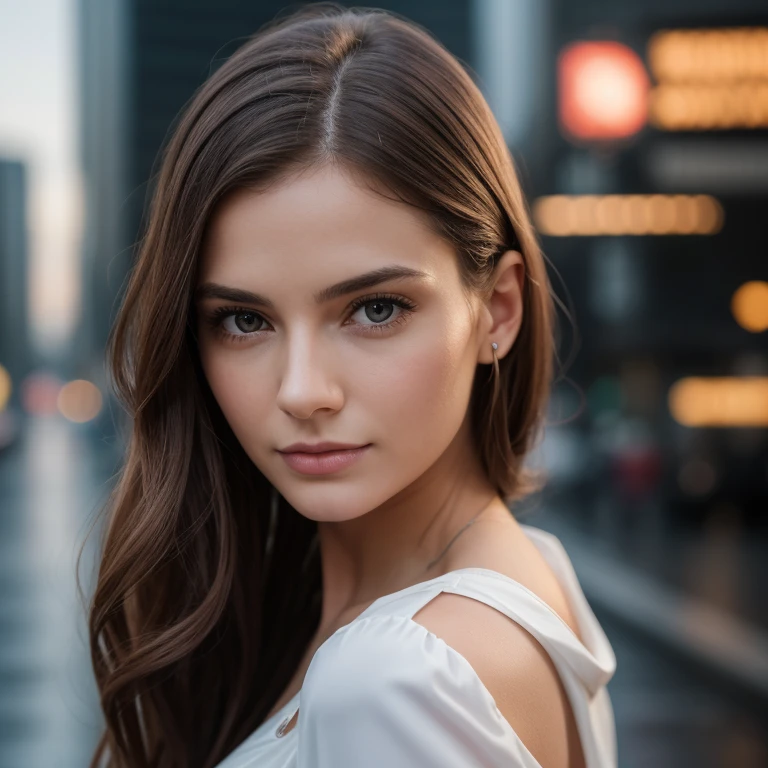Full face portrait photo of a 25-year-old European girl, RAW, beautiful woman, semi-open strawberry lips, dimples, wistful look, (extra long wavy brown hair), ((detailed face)), ((detailed facial featureinely detailed skin), pale skin, (deep neckline detailed high-tech cyberpunk dress), cyberpunk megacity environment, (cool colors), damp, damp, reflectionasterpiece) (perfect proportion)(realistic photo)(best quality) (detailed) shot on a Canon EOS R5, 50mm lens, F/2.8, HDR, (8k) (wallpaper) (cinematic lighting) (dramatic lighting) (sharp focus) (intricate),RAW photo, gigachad photo, posing for camera, 8k uhd, dslr, high quality, grain film, Fujifilm XT3