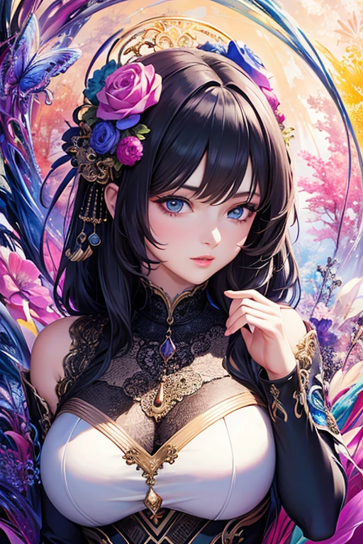 tmasterpiece,top Quority,best qualtiy,offcial art,(Beauty and aesthetics:1.2),1girll,Extremely detailed,(s fractal art:1.3),extremely colorful,Most detailed,bust,Overlooking,A picture that combines virtual and real,dynamic viewing angle。