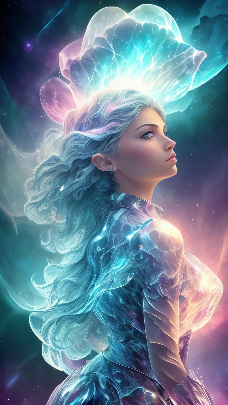 Incredible and spectacular scene,Beautiful Belarusian girl,Upper body emerges from glowing cloud fractal nebula lines,Clear face,crystallineAI,cosmic entity,a heavenly being,kosmos,vibrant and vivid,swirles,twist,unpractical,hight contrast,Co-metabolism,magical,mistic,mistic,hyper realisitc,Supersaturation,rich colourful