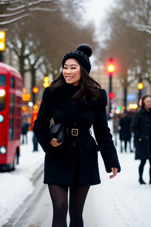 A photo of a beautiful Filipina model in London walking towards winter wonderland