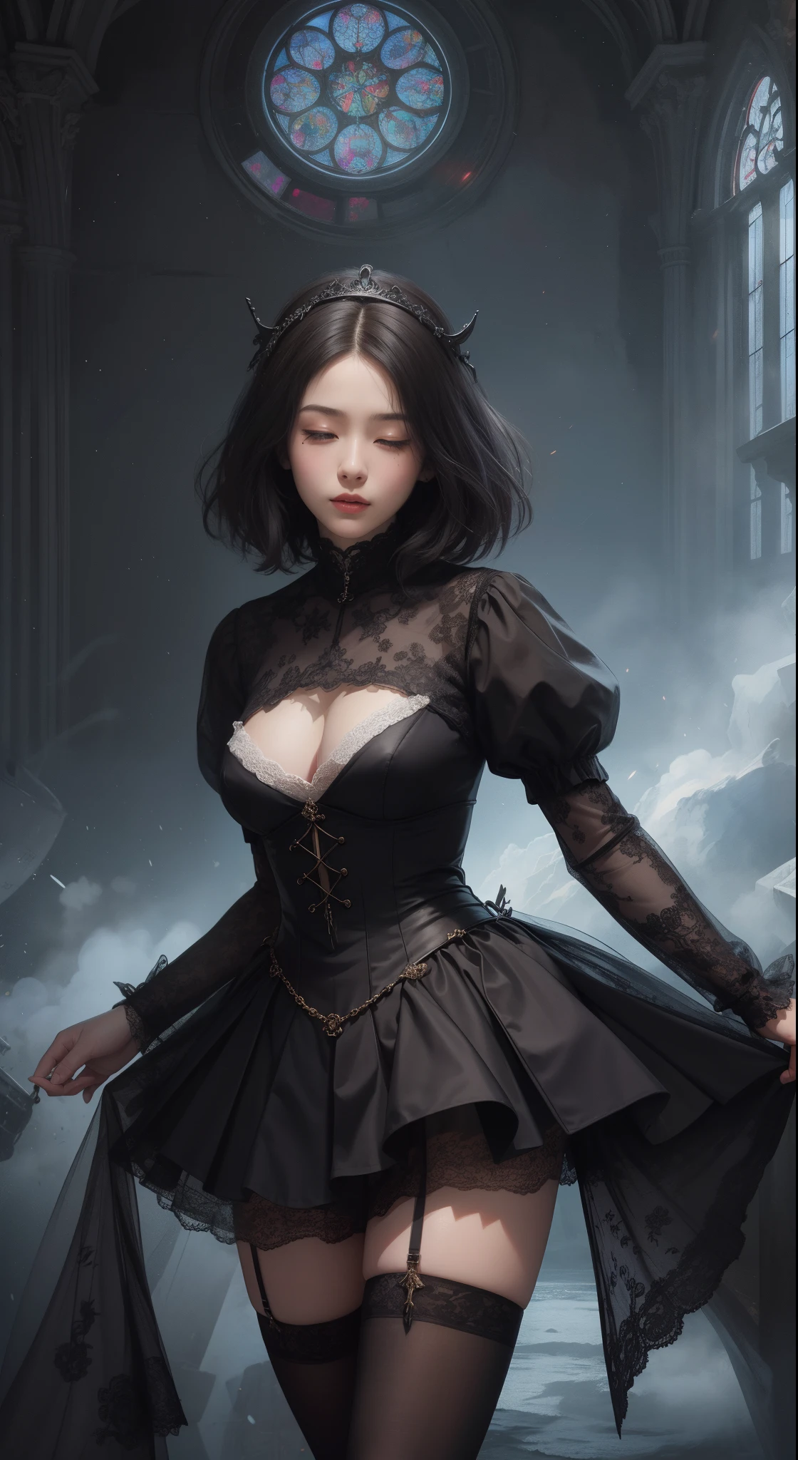 tmasterpiece，Highest image quality，Beautiful full body portrait of a girl，femele&#39;Short hair details，head clamp，covering eyes，Comes with lace nun and black stockings，Church background，Ultra-detailed details，advanced。At the Pixiv Art Station，Break your own power，The kinky is exposed，R-18G