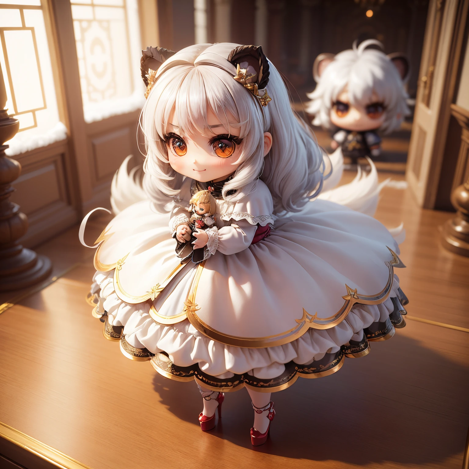 masterpiece、top-quality、ultra-detailliert、(Chibi Chara's Daughter:1.37), He looked like a raccoon dog,White hair swaying in the wind,Gorgeous rococo renaissance gold dress、Red high heels,A smile,Skip,The background is a snow castle;There is nothing on the floor,One person chibi character 3D