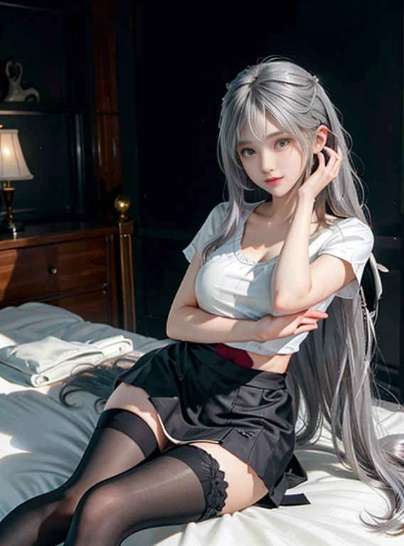 tmasterpiece, 8K, high high quality (photography) 1 Beautiful woman,(Detailed faceull body lesbian,lace hose, Garter belt,eBlue eyes, elbow game, mitts, hair between eye, United, Long gray hair, scientific fiction, cropped tank top, White hair, (torn clothes lighting),