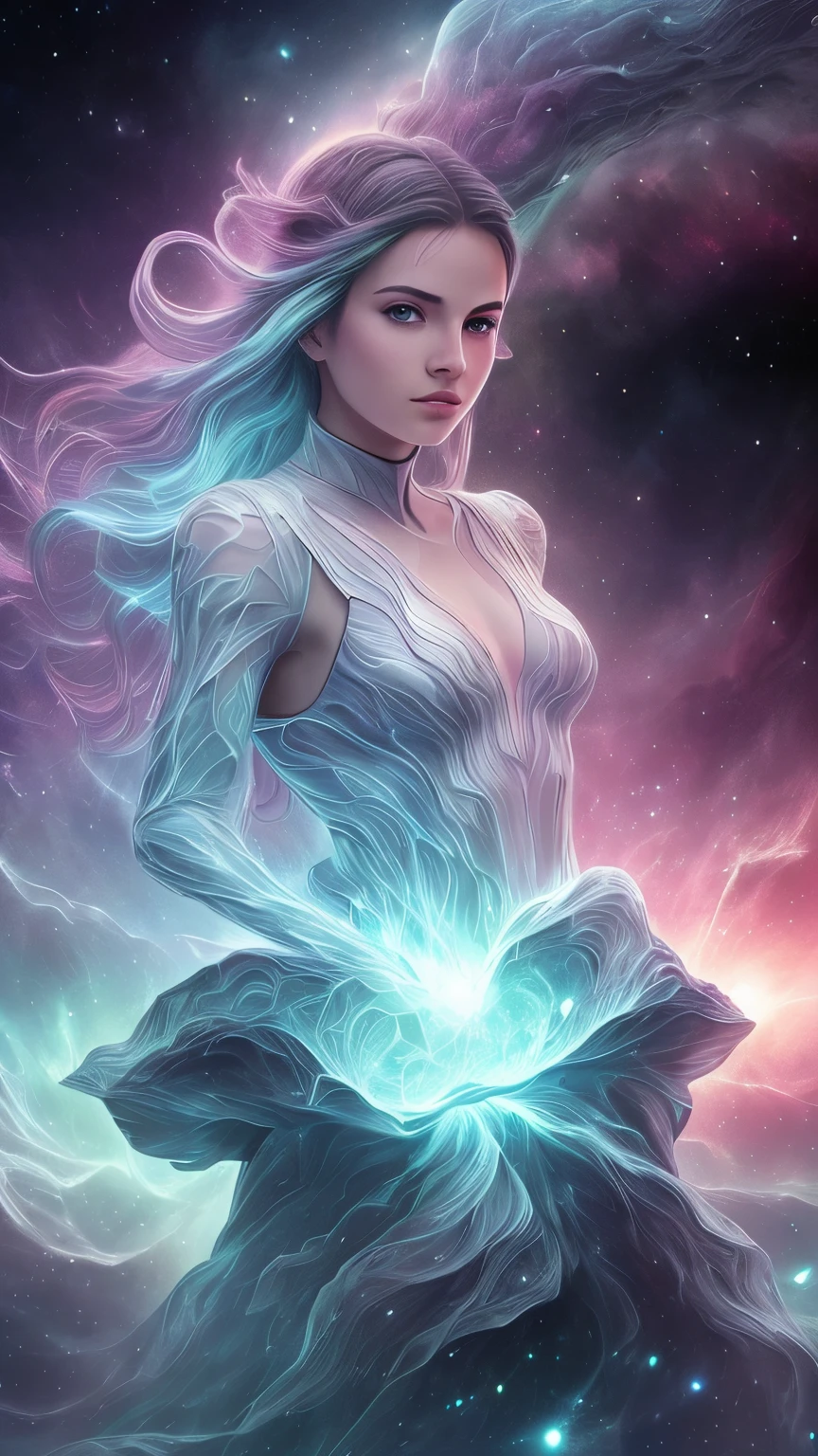 Incredible and spectacular scene,Beautiful Belarusian girl,Upper body emerges from glowing cloud fractal nebula lines,Clear face,crystallineAI,cosmic entity,a heavenly being,kosmos,vibrant and vivid,swirles,twist,unpractical,hight contrast,Co-metabolism,magical,mistic,mistic,hyper realisitc,Supersaturation,rich colourful