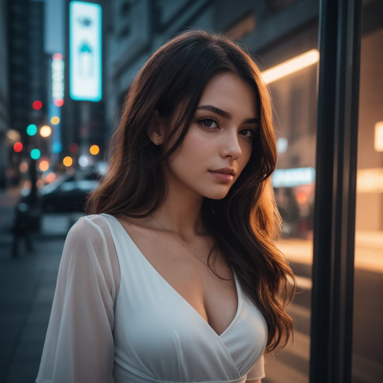 Full face portrait photo of a 25-year-old European girl, RAW, beautiful woman, semi-open strawberry lips, dimples, wistful look, (extra long wavy brown hair), ((detailed face)), ((detailed facial featureinely detailed skin), pale skin, (deep neckline detailed high-tech cyberpunk dress), cyberpunk megacity environment, (cool colors), damp, damp, reflectionasterpiece) (perfect proportion)(realistic photo)(best quality) (detailed) shot on a Canon EOS R5, 50mm lens, F/2.8, HDR, (8k) (wallpaper) (cinematic lighting) (dramatic lighting) (sharp focus) (intricate),RAW photo, gigachad photo, posing for camera, 8k uhd, dslr, high quality, grain film, Fujifilm XT3