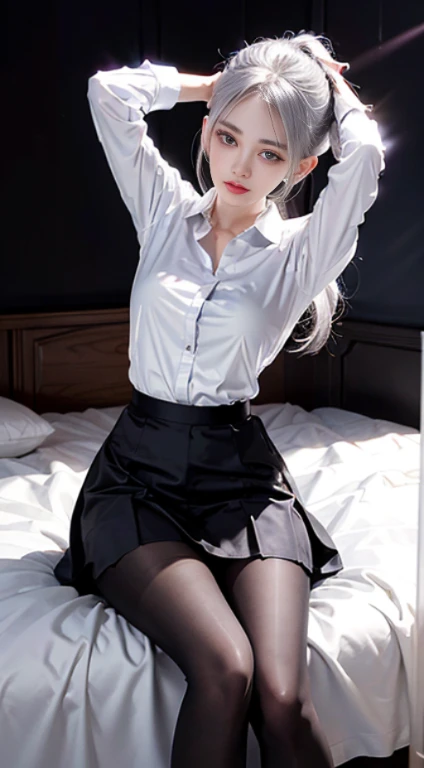 Charming beauties、Officelady、whiteshirt、Black pleated skirt、black pantyhose、charming oval face、二重まぶた、Clear eyes、Dark red lipstick、Beautiful thin legs、toned ankles、The ultra -The high-definition、The ultra-detailliert、Elegant standing figure、Create a slender lower body curve、Expressing adult femininity、top-quality、8K、ultra-detailliert、soio、9 head body、Night、Move ki、The Darkness、seductiv、brainwashed、Evil Fall、wicked、darkness