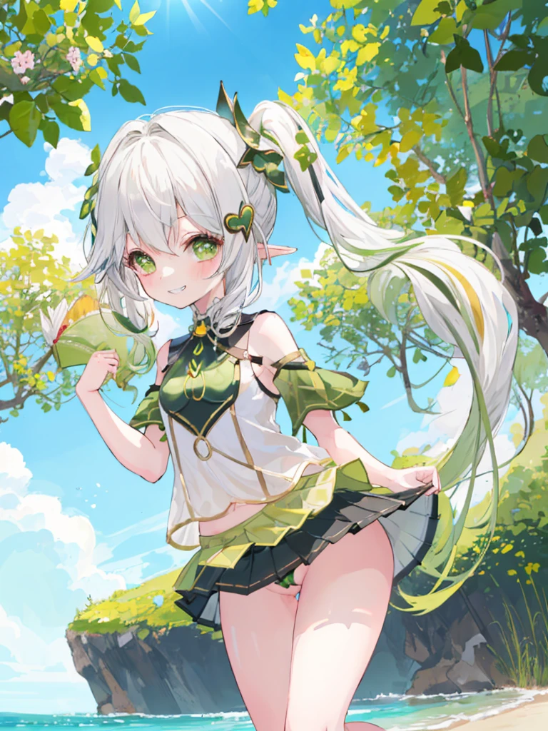 bottomless, skirt lift, sunbathing, 8 years old, loli, outside, confident, grin, sunny, bright sunlight, grass, pointy ears, hair ornament, white hair, green hairstreak, side ponytail, masterpiece, best quality