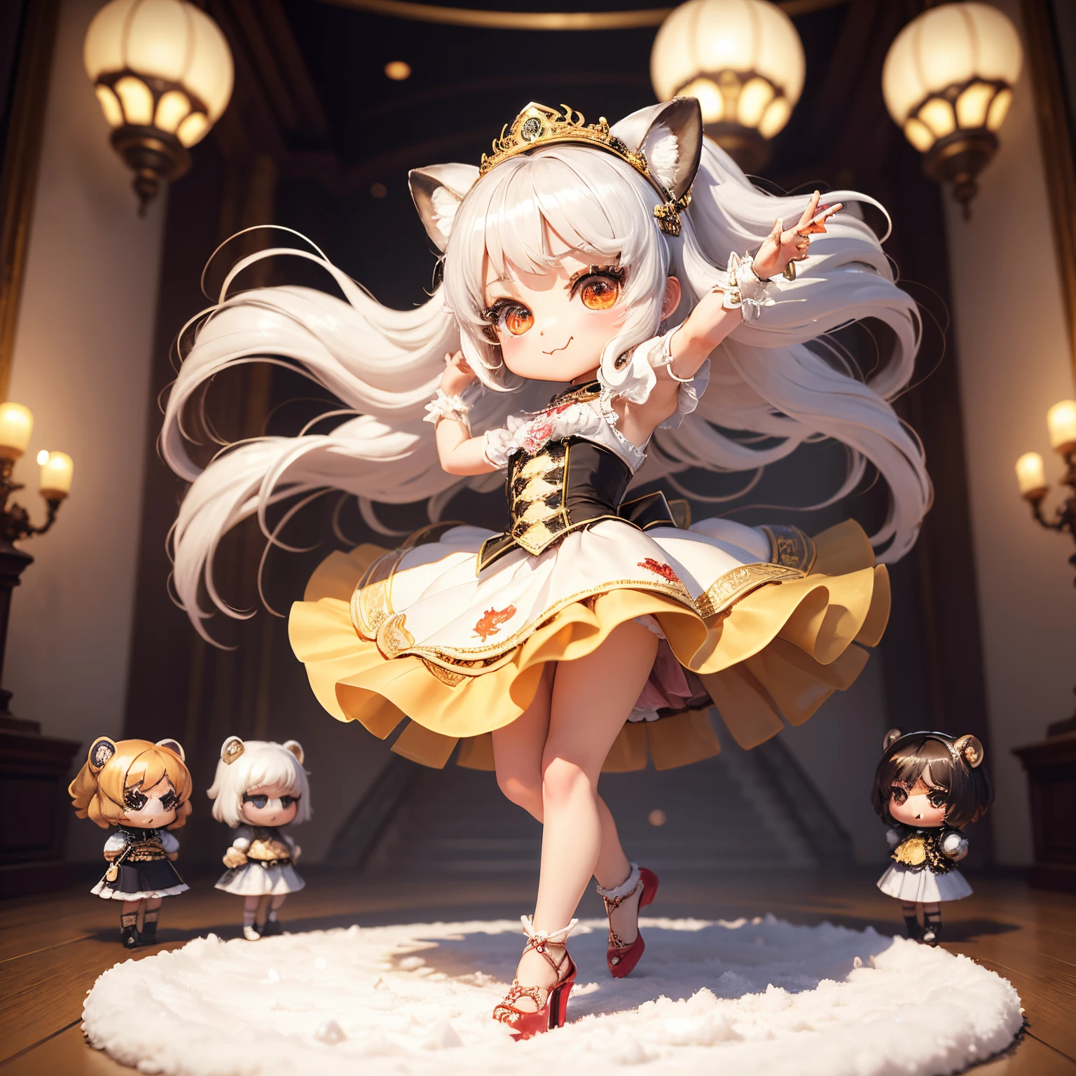 ​masterpiece、top-quality、ultra-detailliert、(Chibi Chara's Daughter:1.37), It looked like a raccoon dog,White hair swaying in the wind,Gorgeous rococo renaissance gold dress、Red high heels,A smile, dancing dancing,The background is a snow castle;There is nothing on the floor,One person chibi character 3D