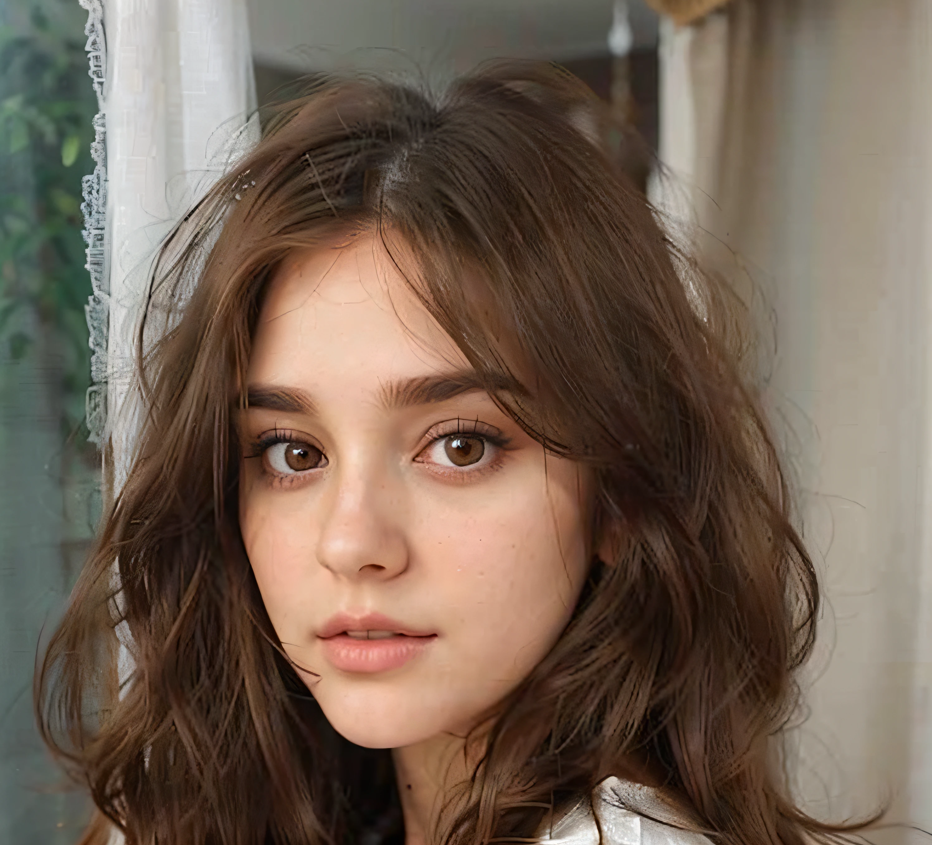 Young beautiful women, medium size breast, brown hair, thin lips, thin eyes, hairs behind the ears, looking straight into camera, soft smile, white woman, realistic skin,