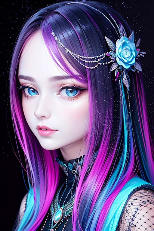 tmasterpiece，top Quority，best qualtiy，offcial art，（Beauty and aesthetics：1.2），1girll，Extremely detailed，（s fractal art：1.3），extremely colorful，Most detailed，bust，Overlooking，A picture that combines virtual and real，dynamic viewing angle。