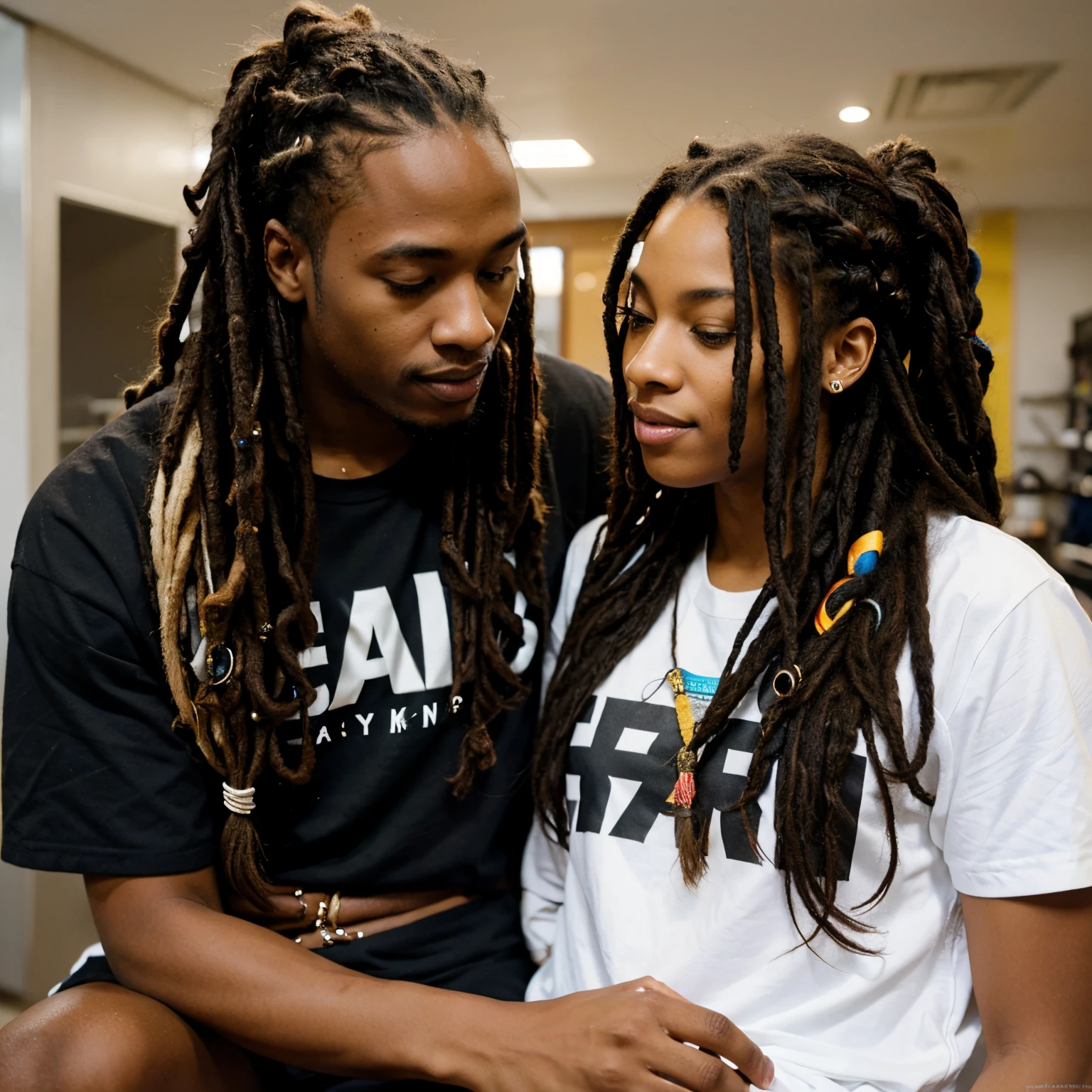 Photo of two people in love spending a quiet morning together, {((joyful ((lithe short ((dark-skinned Honduran)) punk girl with long freeform braided locs hairstyle and hairy legs)) (wearing cropped punk T-shirt and pleated skirt with fishnet stockings), plump thighs and soft big jiggly butt, (wearing diamond choker necklace), (cannabis flower tattoos on arms and legs), plump legs spread apart}, girl sitting next to a ((cheerful tanned Haitian Dominican boy with long braided hair and glasses wearing colorful "death metal" shirt with houndstooth jeans)) in middle of garden rolling up herbal joint while peacefully observing the sunrise, high quality photo, sitting quietly (with many cannabis sativa plants and juniper shrubs in garden during foggy sunrise)