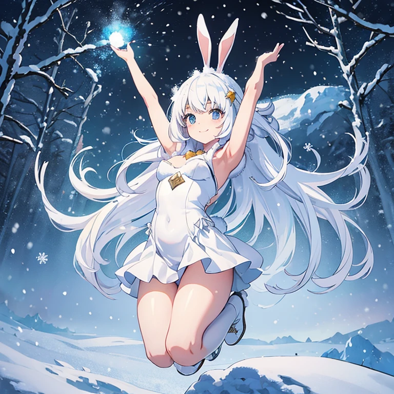 Masterpiece, top quality, super detailed, high resolution, highly detailed CG, super high resolution, official art, 8K, anime style, no humans, landscape, super wide shot, full body, one girl jumping with rabbit ears, Long white hair, dull bangs, wind, floating hair, arms raised, smile, happy, steam, (Snow rabbit: 1.4), Banzai play, (Snow forest: 1.5), snow, dim light, holy light, heavy snow , falling snowflakes, snowmen,