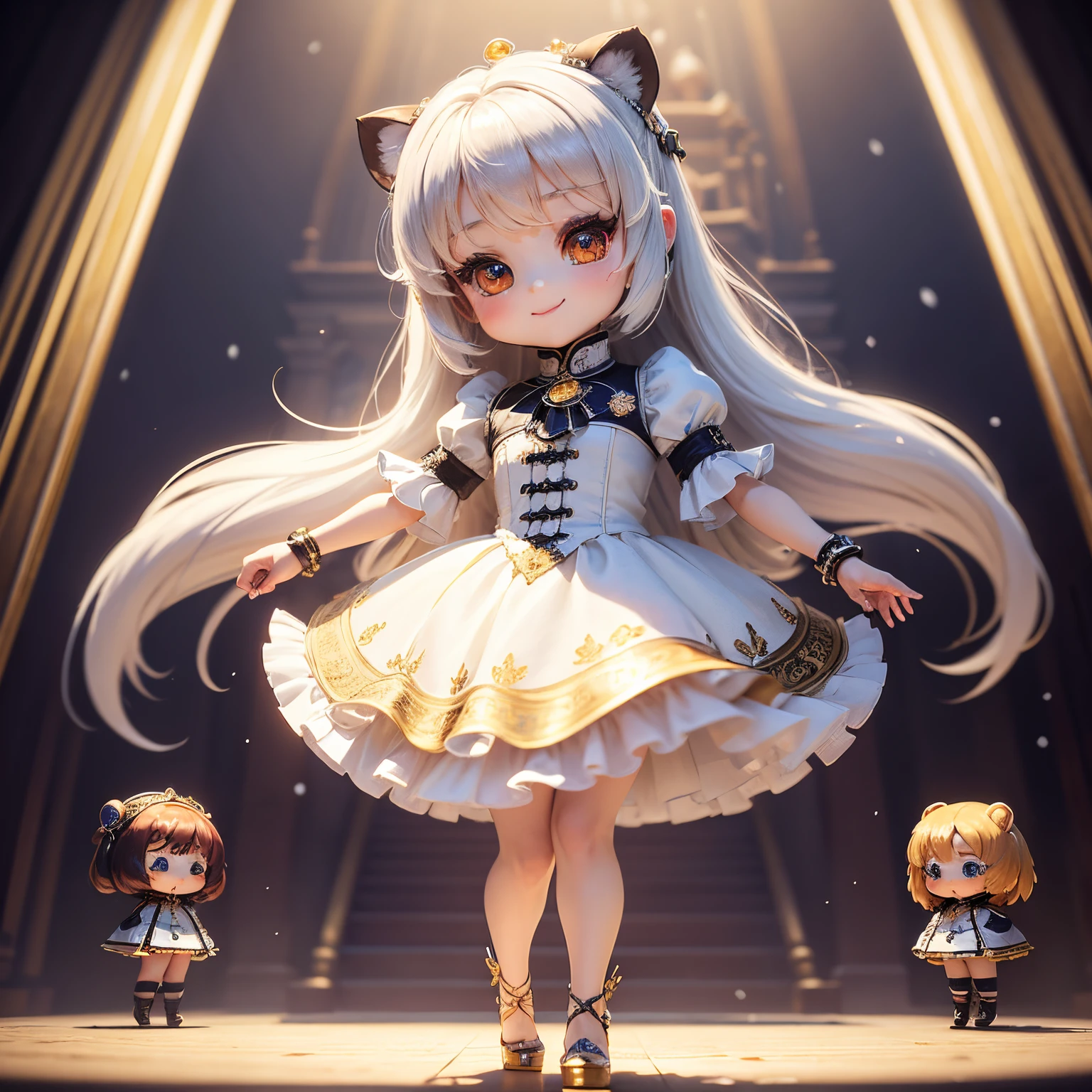​masterpiece、top-quality、ultra-detailliert、(Chibi Chara's Daughter:1.37), It looked like a raccoon dog.,White hair swaying in the wind,Gorgeous rococo renaissance gold dress、Red high heels,A smile, Dancing Dance,The background is a snow castle;There is nothing on the floor,One person chibi character 3D