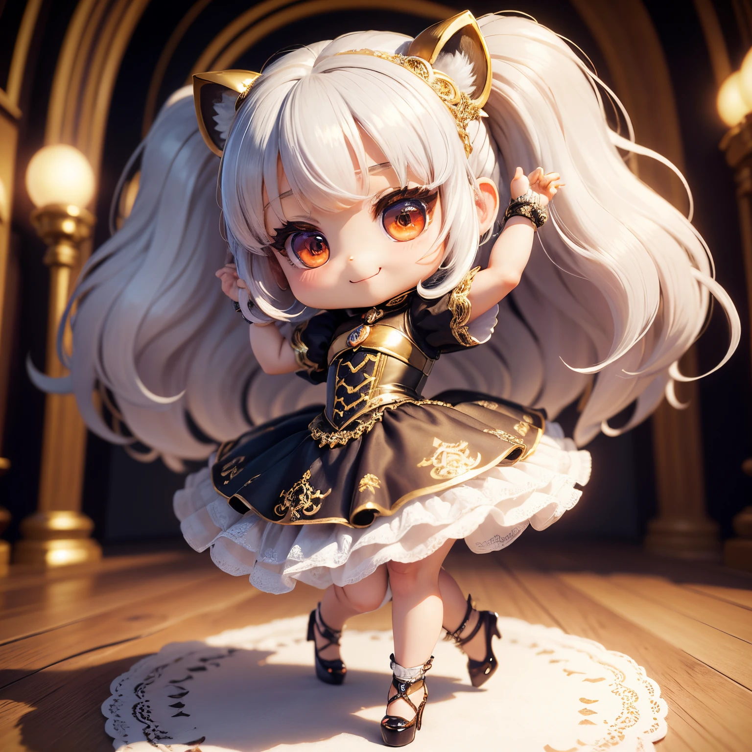 ​masterpiece、top-quality、ultra-detailliert、(Chibi Chara's Daughter:1.37), It looked like a raccoon dog.,White hair swaying in the wind,Gorgeous rococo renaissance gold dress、Red high heels,A smile, Dancing Dance,The background is a snow castle;There is nothing on the floor,One person chibi character 3D
