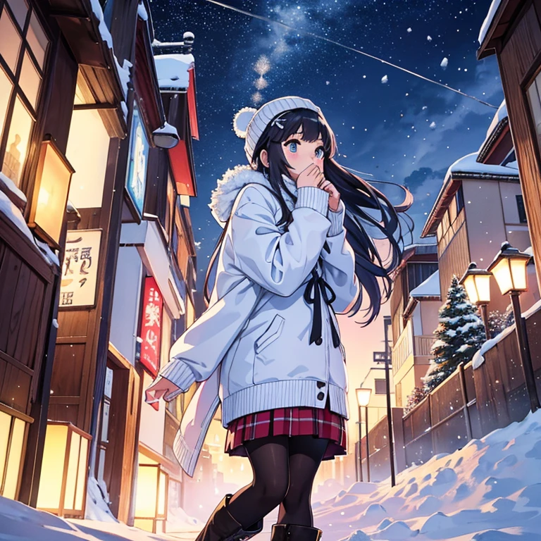 Celebration, beautiful eyes, glitter, light color, profile. Looking up.
A Japanese high school girl stands with her hand over her mouth in a snowy city. It's snowing.
High school girls wear knit caps, coats, and ankle-high boots.