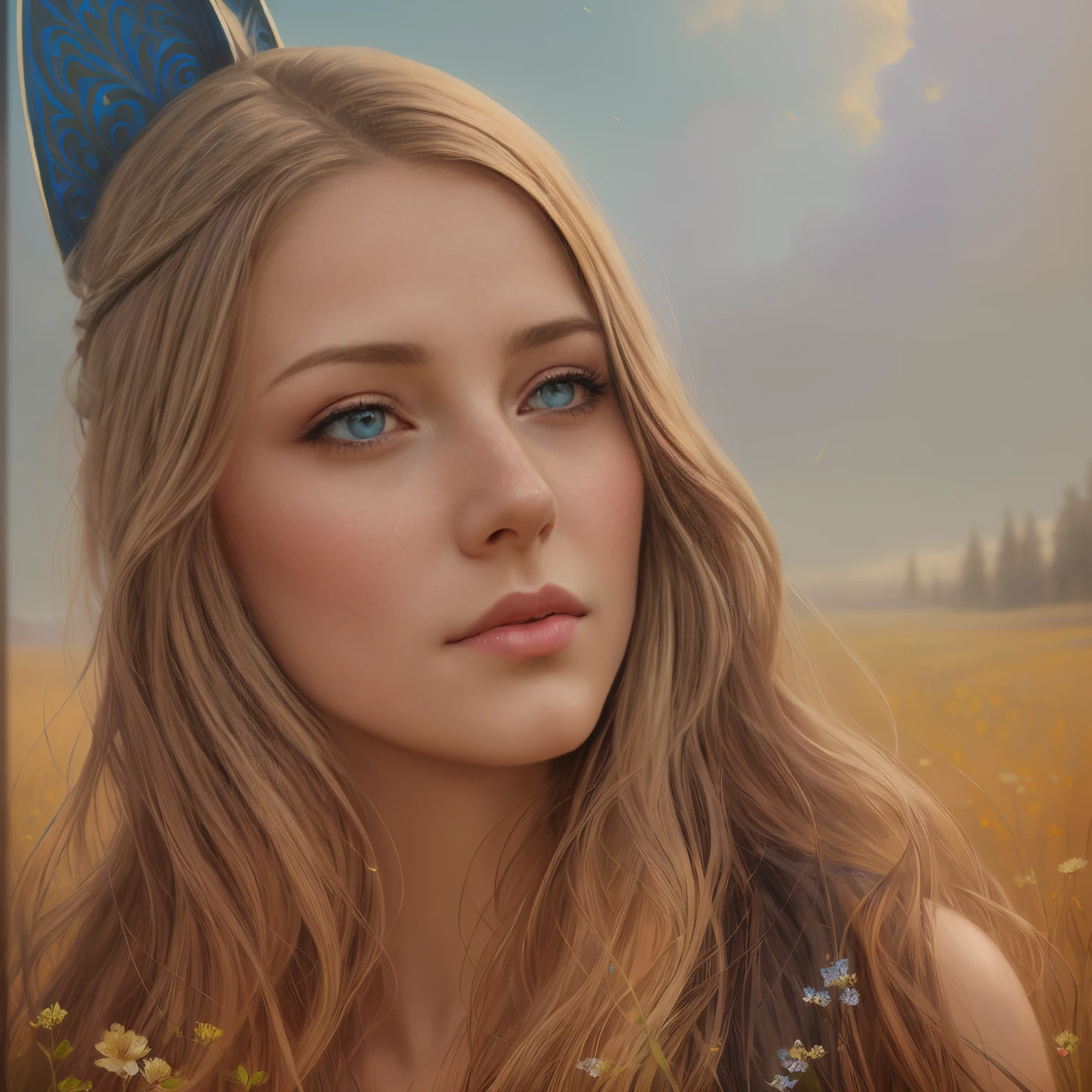 picture of a woman with long hair and blue eyes in a field, beautiful fantasy art portrait, fantasy art portrait, fantasy portrait art, beautiful fantasy portrait, fantasy portrait, gorgeous digital painting, Detailed matte fantasy portrait, beautiful digital painting, beautiful digital illustration, Fantasy genre portrait, in the art style of bowater, karol bak uhd, beautiful digital artwork