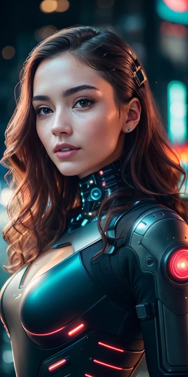 Full face portrait photo of a 25-year-old European girl, RAW, beautiful woman, semi-open strawberry lips, dimples, wistful look, (extra long wavy brown hair), ((detailed face)), ((detailed facial features)), (finely detailed skin), pale skin, (high-tech cyberpunk dress), cyberpunk megacity environment, (cool colors), damp, reflections, (masterpiece) (perfect proportion) (realistic photo) (best quality) (detailed) photographed on a Canon EOS R5, 50mm lens, F/2.8, HDR, (8k) (wallpaper) (cinematic lighting) (dramatic lighting) (sharp focus) (intricate), RAW photo, gigachad photo, posing for camera, black jeans, arms back, 8k uhd, dslr, high quality, grain film, Fujifilm XT3, film stock photography 4 kodak portra 400 camera f1.6 lens rich colors hyper realistic texture dramatic lighting unrealengine trend in artstation cinestill 800 tungsten, toughboy style, face ultra focus, intimidating, in fighting position, short hair messy, muscular, extremely detailed, photorealistic, realistic, incredibly absurd, highly detailed, sharp focus, (Professional Studio Lighting), (Professional Color Grading), Edge Lighting, Dramatic lighting, Cinematic lighting, Lumen reflections, Soft natural lighting, Soft color, Photon mapping, Radiosity, (Beautiful eyes), (Detailed eyes), (Detailed face), eyes symmetrical, sharp eyes, cold face, full body, NSFW