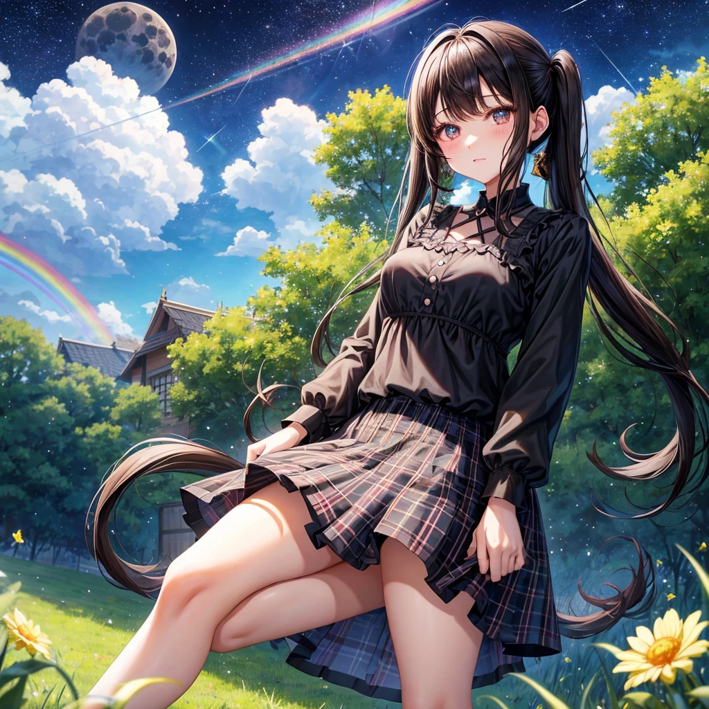 Black brown hair、poneyTail、verd s eyes、one good looking girl、独奏、animesque、lightly dressed、Plaid miniskirt、a black T-shirt、grass field、fullmoon、Meteor swarm、Glittering starry sky、rainbow butterfly flying