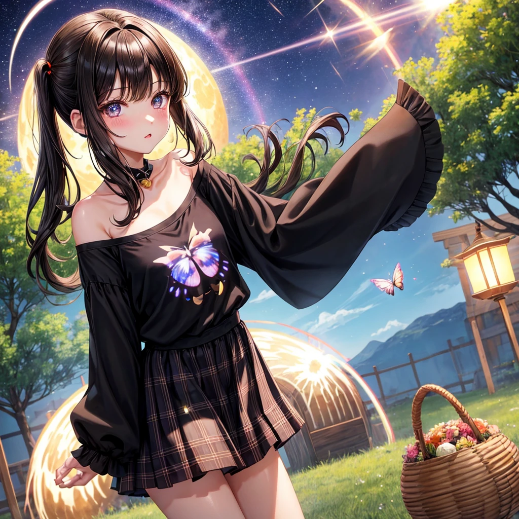 Expansive landscape photograph,(look from down,Above is the sky,Below are open fields),A beautiful girl stands on a flower field and looks up at the sky,(moon full:1.2),(meteors:0.9),(Starcloud:1.3),Far Mountain, Tree BREAK making art,(Warm light source:1.2),(glowworm:1.2),lamp lights,Lots of purple and orange,Complicated details,Volumetric lighting BREAK(tmasterpiece:1.2),(best qualtiy),4K,ultra - detailed,(dynamic compositions:1.4),detail-rich,plethora of colors,(Irridescent color:1.2),(with light glowing,Atmospheric lighting),dream magical,magical,(独奏:1.2)