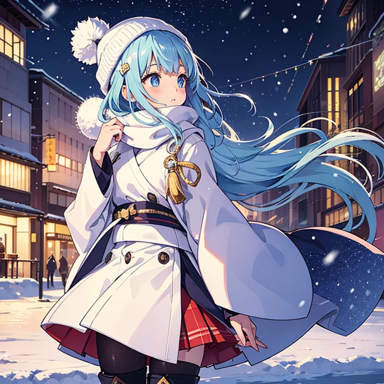 Celebration, beautiful eyes, glitter, light color, profile. Looking up.
A Japanese high school girl stands with her hand over her mouth in a snowy city. It's snowing.
High school girls wear knit caps, coats, and ankle-high boots.