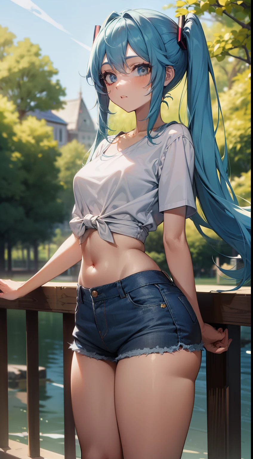 (masterpiece), (best quality), (4k resolution), (anatomy; perfect), character Hatsune Miku, 1 adult girl, light skin, blue eyes, (big blue hair), (locks, bangs), tied hair two sides, (light effects on hair), eyebrow, nose, ear, mouth, lips, short blouse, short denim shorts, tight tights, (big chest), (perfect belly), (perfect waist), thick legs, thigh thick, , standing, backdrop, in the park, beautiful day, lighting, looking at viewer