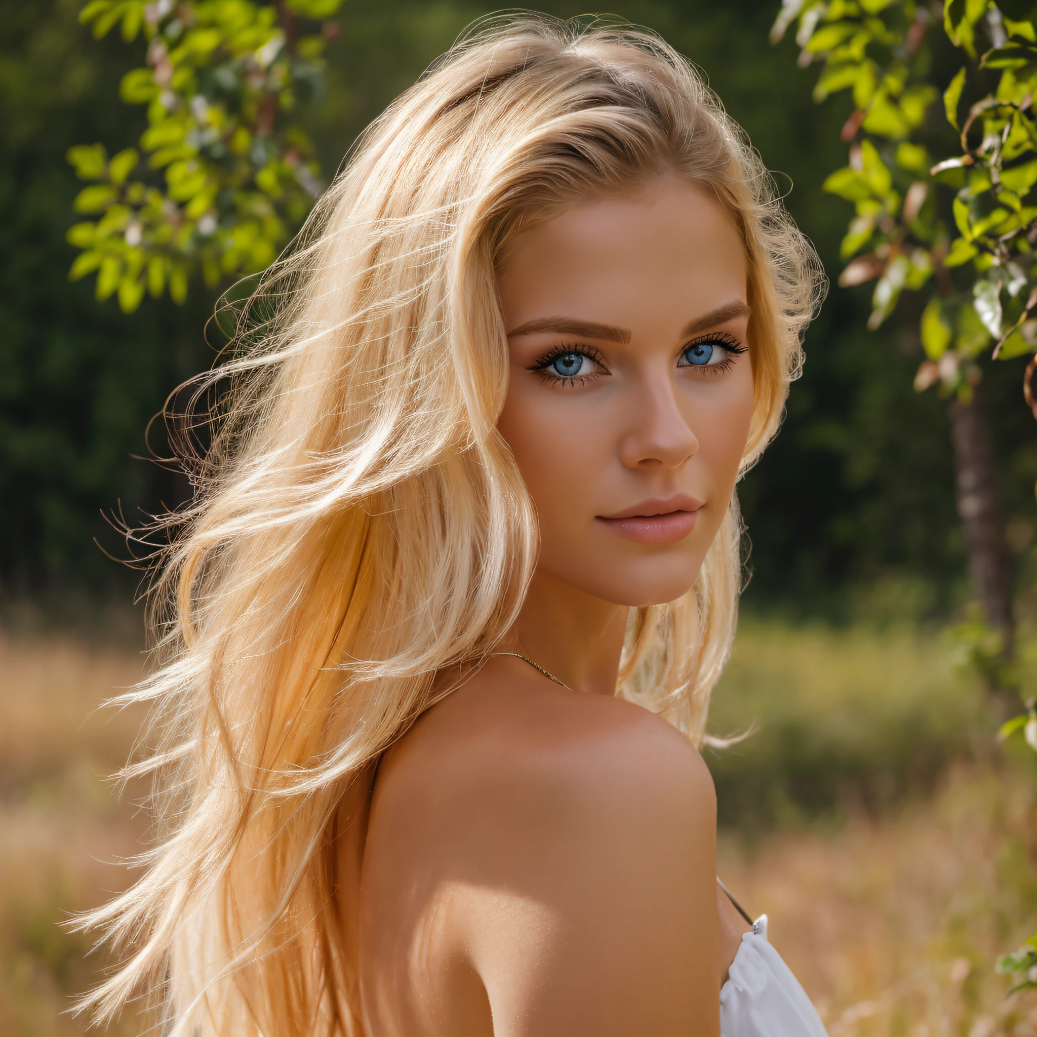 hyperrealism, young blonde beautiful girl, long blonde hair, blue eyes, around 20-22 years old model, photorealistic, Realism, nature background, looking into the camera, front look, facing the viewer directly with her body centered and balanced