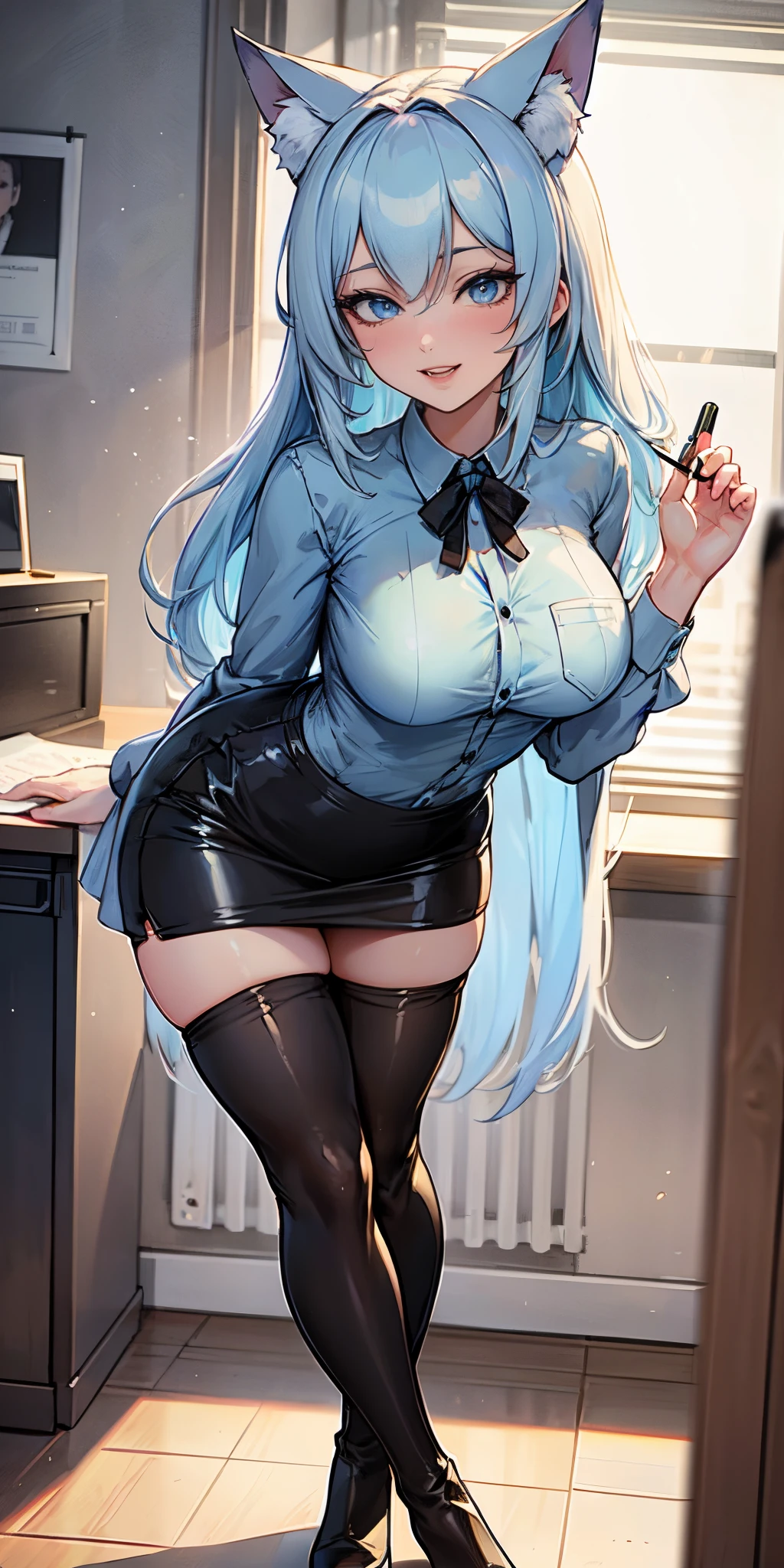 Nsfw, Masterpiece, 8k, art style by sciamano240, very detailed face, detailed clothes, detailed fabric, 1girl, beautiful face, asymmetrical long hair, light blue hair, wearing cute button shirt,pantyhose, black pencil leather mini skirt, Dior thigh boots ,very detailed blue cat eyes, standing in front of desk , sultry smile, nighoffice setting, full body view, cute expression,