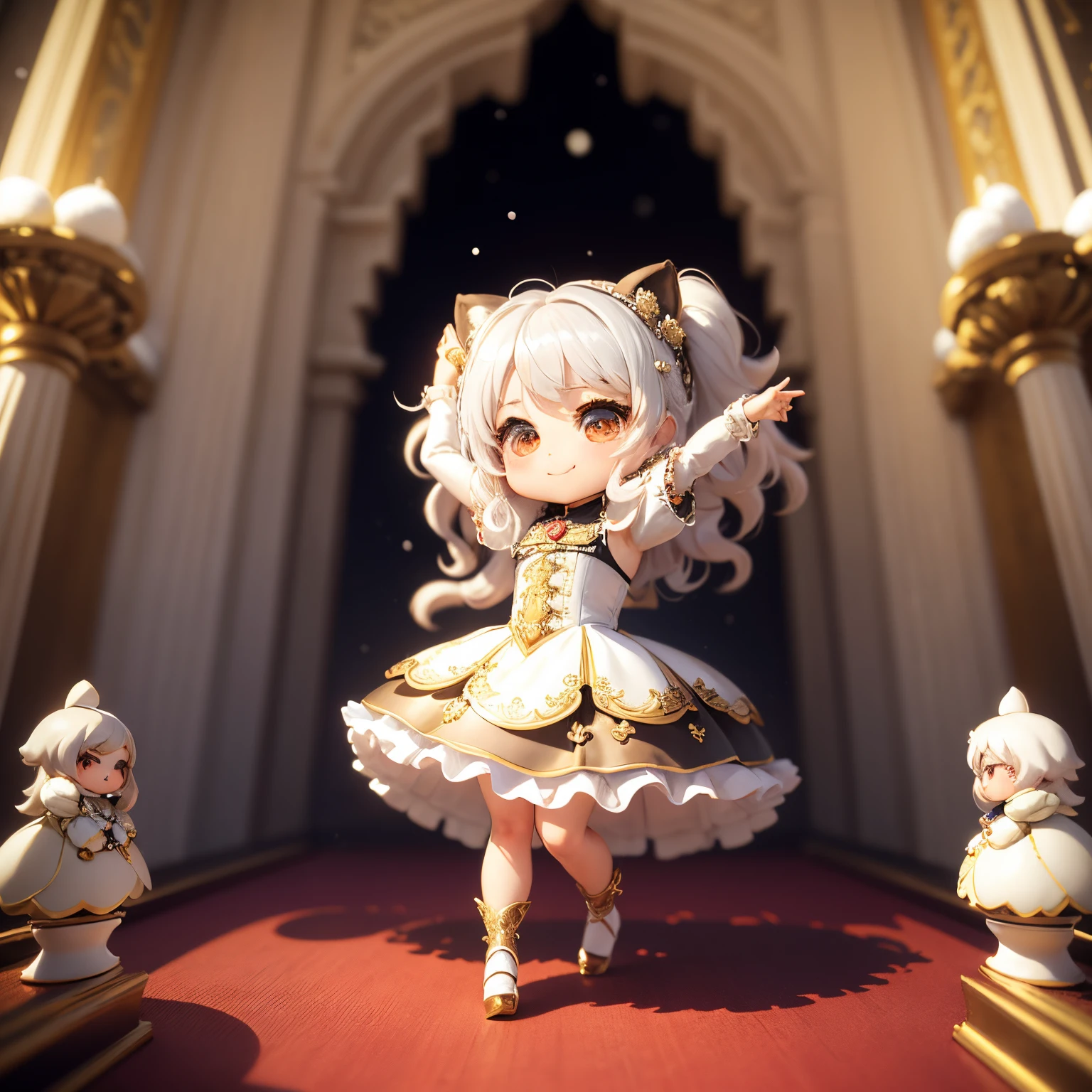 masterpiece、top-quality、ultra-detailliert、(Chibi Chara's Daughter:1.37), It had a face and tail like a raccoon dog..,White hair swaying in the wind,Gorgeous rococo renaissance gold dress、Red high heels,A smile, Dance Dance,The background is a snow castle;There is nothing on the floor,One person chibi character 3D