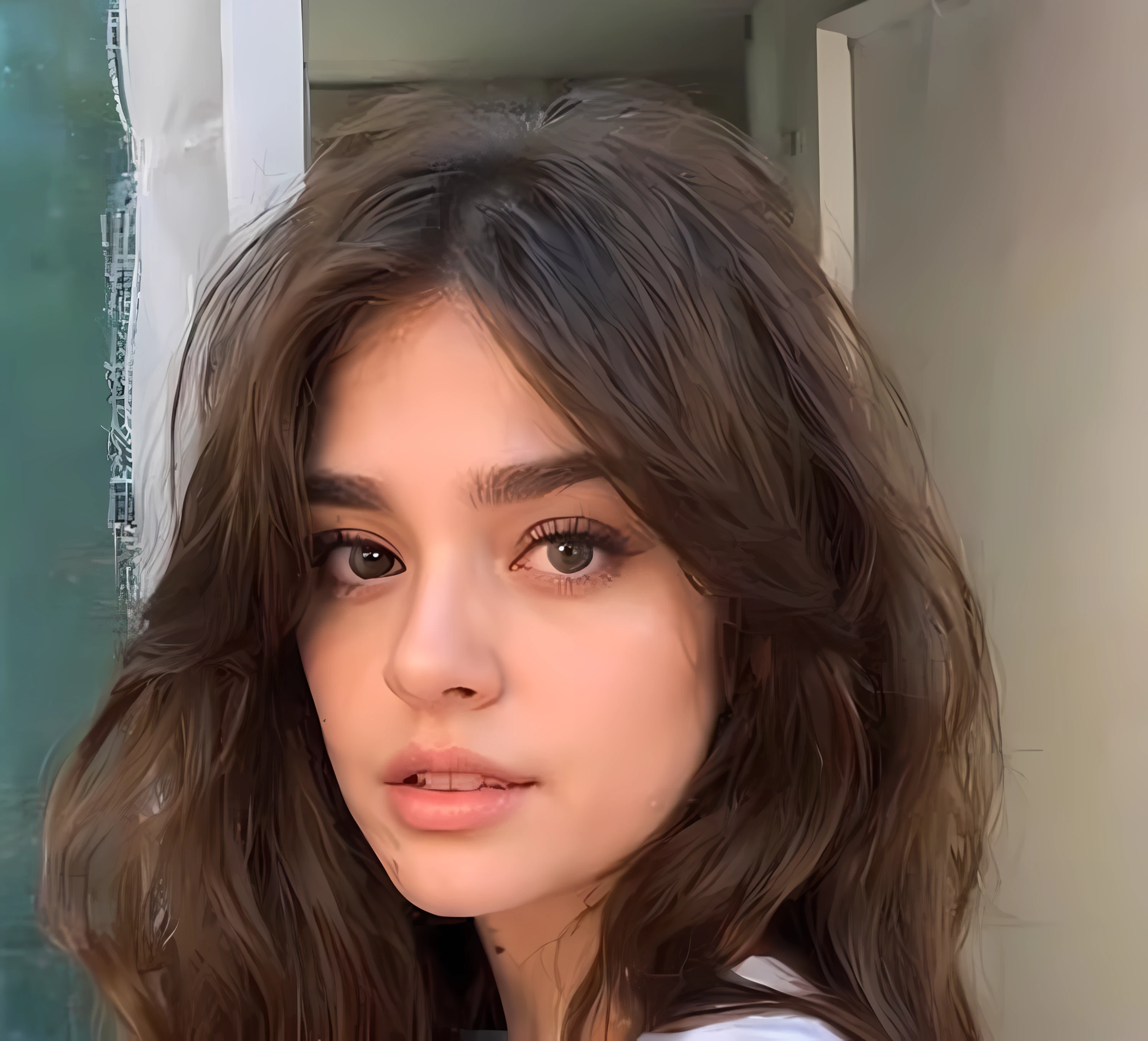 arafed woman with long brown hair and a white shirt, brown hair and large eyes, curtain bangs, thick bushy straight eyebrows, large eyes and flowing long hair, girl with brown hair, extremely beautiful face, beautiful fine face features, center parted curtain bangs, wavy shoulder-length hair, gorgeous attractive face, center parted brown hair jawline defined jawline