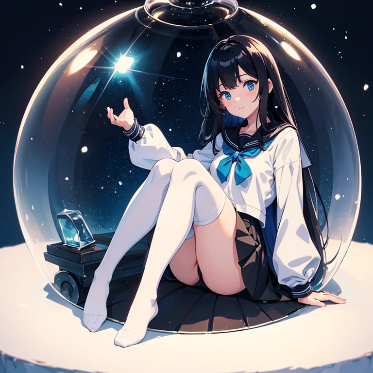 {{{Snow globe}}}, {white background, inside a container, underwater, light particles, snow particles}, {{one girl, sitting, super beautiful girl, black hair, blue eyes, long hair, long sleeve sailor suit, hair decoration, black skirt, knee socks, black shoes}}, {wind}, tree inside a snow globe, house inside a snow globe, {{masterpiece}}, {{{top quality}}}, {{super details} } , {{Illustration}}, Cinematic lighting, { {Caustic}}, Lens flare, Beautiful detailed glow, Dynamic angle, Depth of field, Light leakage, Amazing, Fine detail, High definition CG, Original, {{8k_wallpaper}}, chromatic aberration