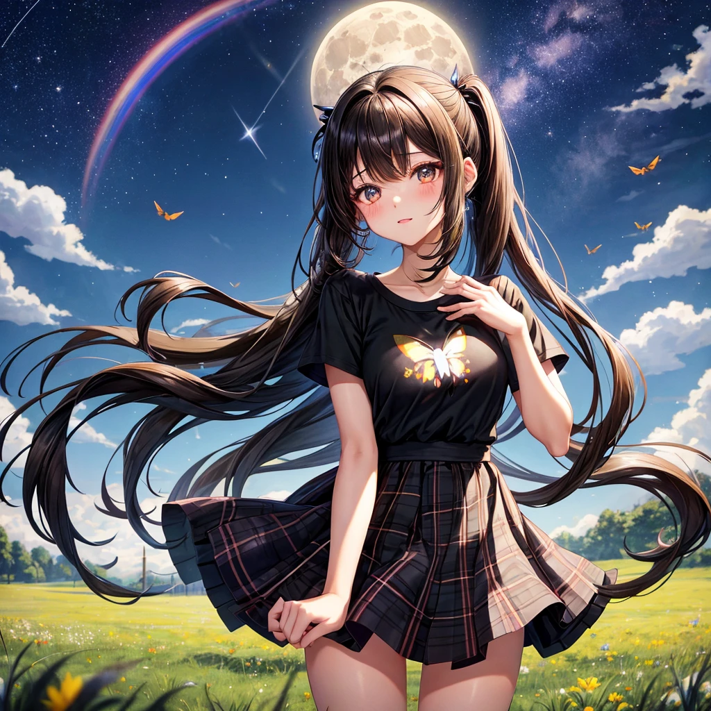 Black brown hair、poneyTail、verd s eyes、one good looking girl、独奏、animesque、lightly dressed、Plaid miniskirt、a black T-shirt、grass field、fullmoon、Meteor swarm、Glittering starry sky、rainbow butterfly flying