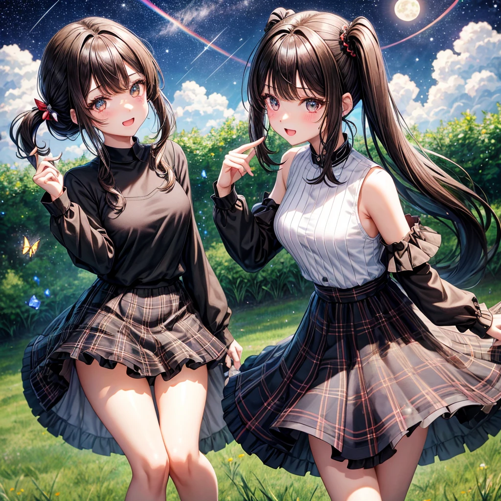 Black brown hair、poneyTail、verd s eyes、one good looking girl、独奏、animesque、lightly dressed、Plaid miniskirt、a black T-shirt、grass field、fullmoon、Meteor swarm、Glittering starry sky、rainbow butterfly flying