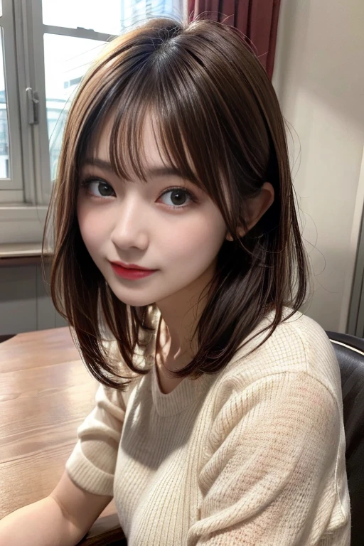 On the table, Best quality at best, illustratio, ultra - detailed, finely detailled, A high resolution, 8k wallpaper, Perfect dynamic composition, 美丽细致的眼睛, Red Lingeri, , Natural color lips, Casual and sexy poses,ssmile,Bedrooms、looking at the camera in、a 23 year old girl、to emphasize、short detailed hair