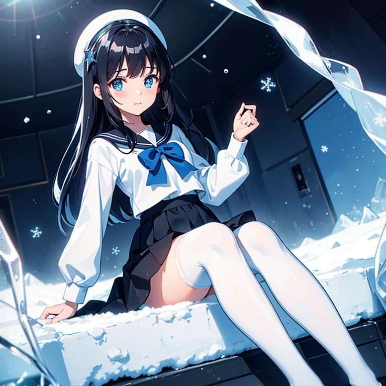{{{Snow globe}}}, {white background, inside a container, underwater, light particles, snow particles}, {{one girl, sitting, super beautiful girl, black hair, blue eyes, long hair, long sleeve sailor suit, hair decoration, black skirt, knee socks, black shoes}}, {wind}, tree inside a snow globe, house inside a snow globe, {{masterpiece}}, {{{top quality}}}, {{super details} } , {{Illustration}}, Cinematic lighting, { {Caustic}}, Lens flare, Beautiful detailed glow, Dynamic angle, Depth of field, Light leakage, Amazing, Fine detail, High definition CG, Original, {{8k_wallpaper}}, chromatic aberration
