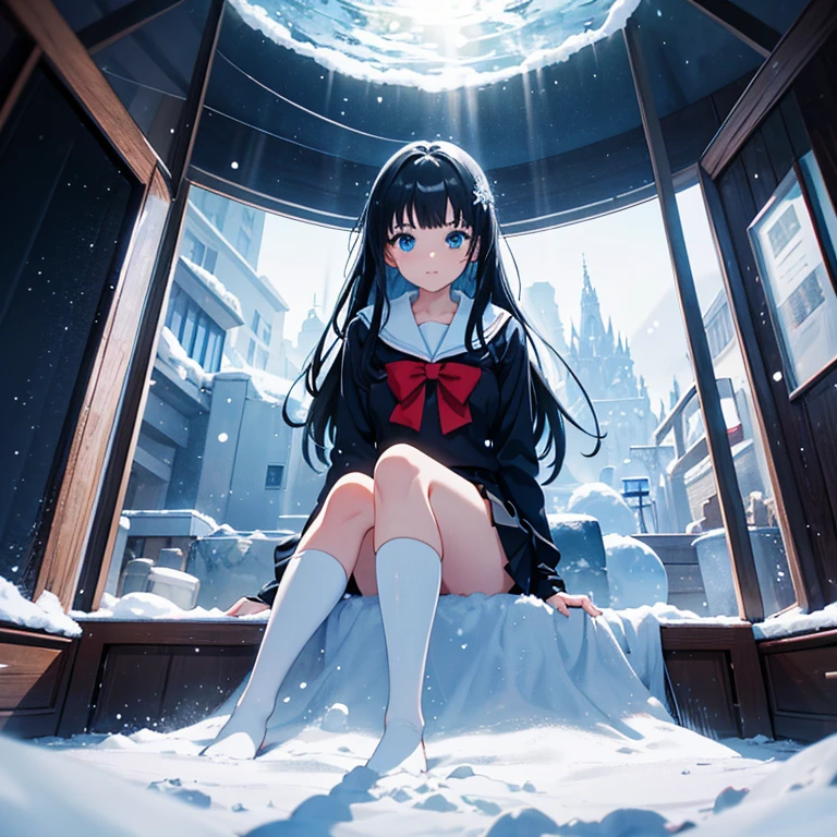 {{{Snow globe}}}, {white background, inside a container, underwater, light particles, snow particles}, {{one girl, sitting, super beautiful girl, black hair, blue eyes, long hair, long sleeve sailor suit, hair decoration, black skirt, knee socks, black shoes}}, {wind}, tree inside a snow globe, house inside a snow globe, {{masterpiece}}, {{{top quality}}}, {{super details} } , {{Illustration}}, Cinematic lighting, { {Caustic}}, Lens flare, Beautiful detailed glow, Dynamic angle, Depth of field, Light leakage, Amazing, Fine detail, High definition CG, Original, {{8k_wallpaper}}, chromatic aberration