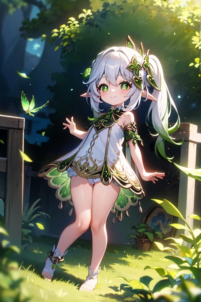 bottomless, skirt lift, 8 years old, loli, outside, smile, sunny, bright sunlight, grass, cross-shaped pupils, pointy ears, hair ornament, white hair, green hairstreak, side ponytail, masterpiece, best quality