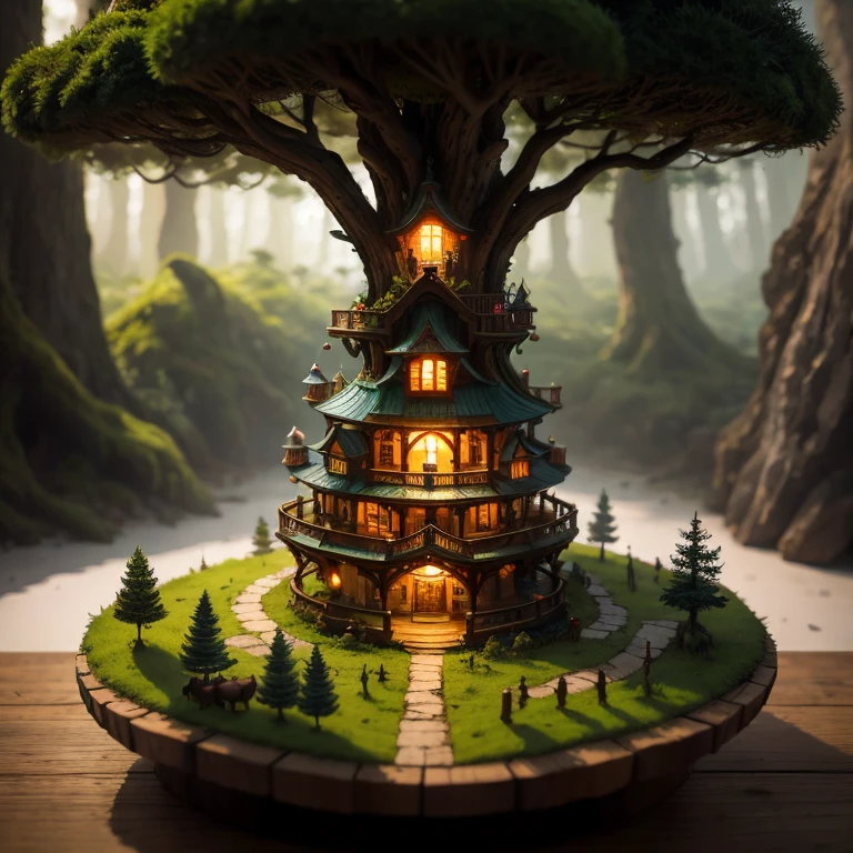 A masterpiece in the form of a wood forest world full of life inside a beautiful, illuminated miniature forest