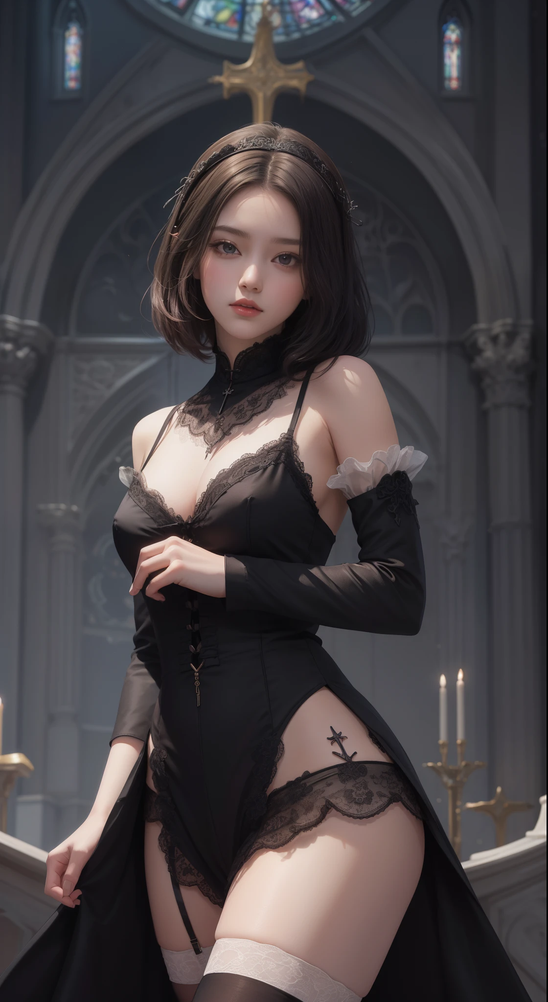 tmasterpiece,Highest image quality,Beautiful full body portrait of a girl,femele'Short hair details,hair pin,Comes with lace nun and black stockings,Church background,Ultra-detailed details,advanced。At the Pixiv Art Station,Break your own power,The kinky is exposed,R-18G