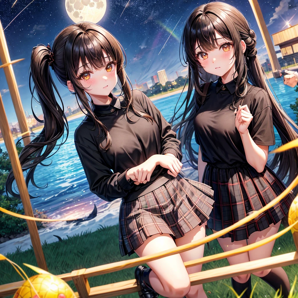 Black brown hair、poneyTail、verd s eyes、one good looking girl、独奏、animesque、lightly dressed、Plaid miniskirt、a black T-shirt、grass field、fullmoon、Meteor swarm、Glittering starry sky、rainbow butterfly flying、fish-eye lens