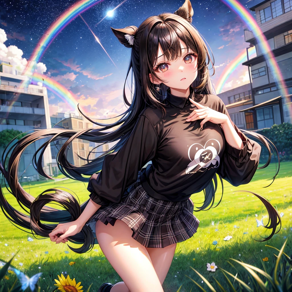 Black brown hair、poneyTail、verd s eyes、one good looking girl、独奏、animesque、lightly dressed、Plaid miniskirt、a black T-shirt、grass field、fullmoon、Meteor swarm、Glittering starry sky、rainbow butterfly flying、fish-eye lens